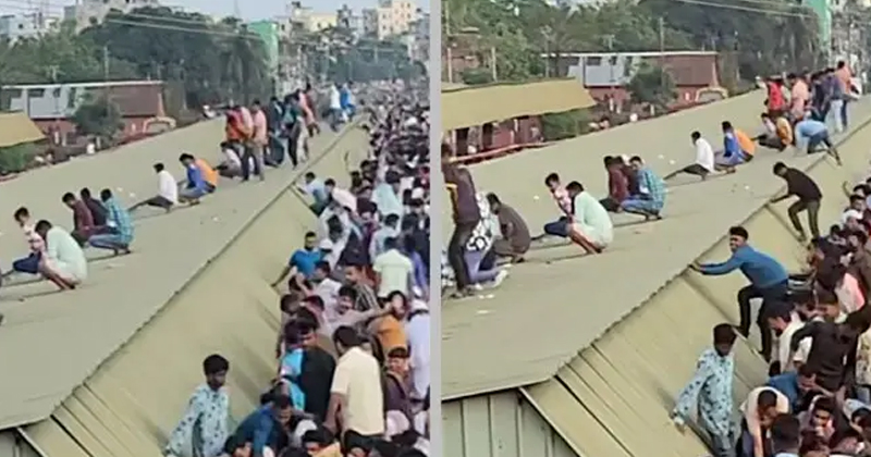 যাত্রীরা ট্রেনের ছাদ থেকে স্টেশনের টিনশেডে উঠে মূত্রত্যাগ করে
