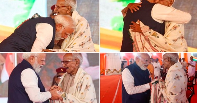শপথ অনুষ্ঠানে ৯৮ বছরের প্রবীণ বিজেপি নেতার পা ছুঁয়ে প্রমাণ মোদির
